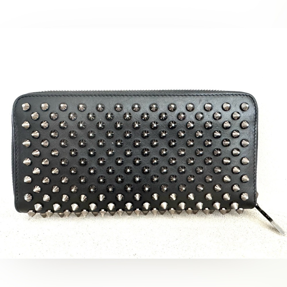 CHRISTIAN LOUBOUTIN Panettone Black Silver Spiked Zip Around Wallet Zippy Wallet